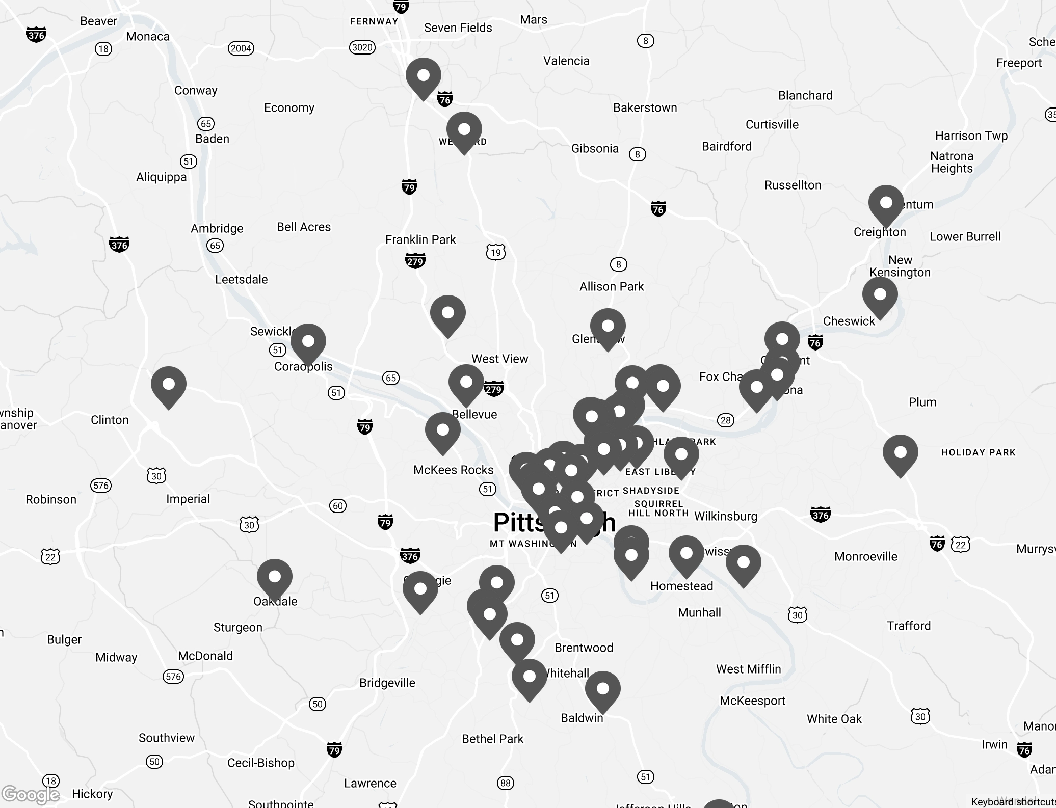 A map of the Pittsburgh region with indicators for several dozen breweries.